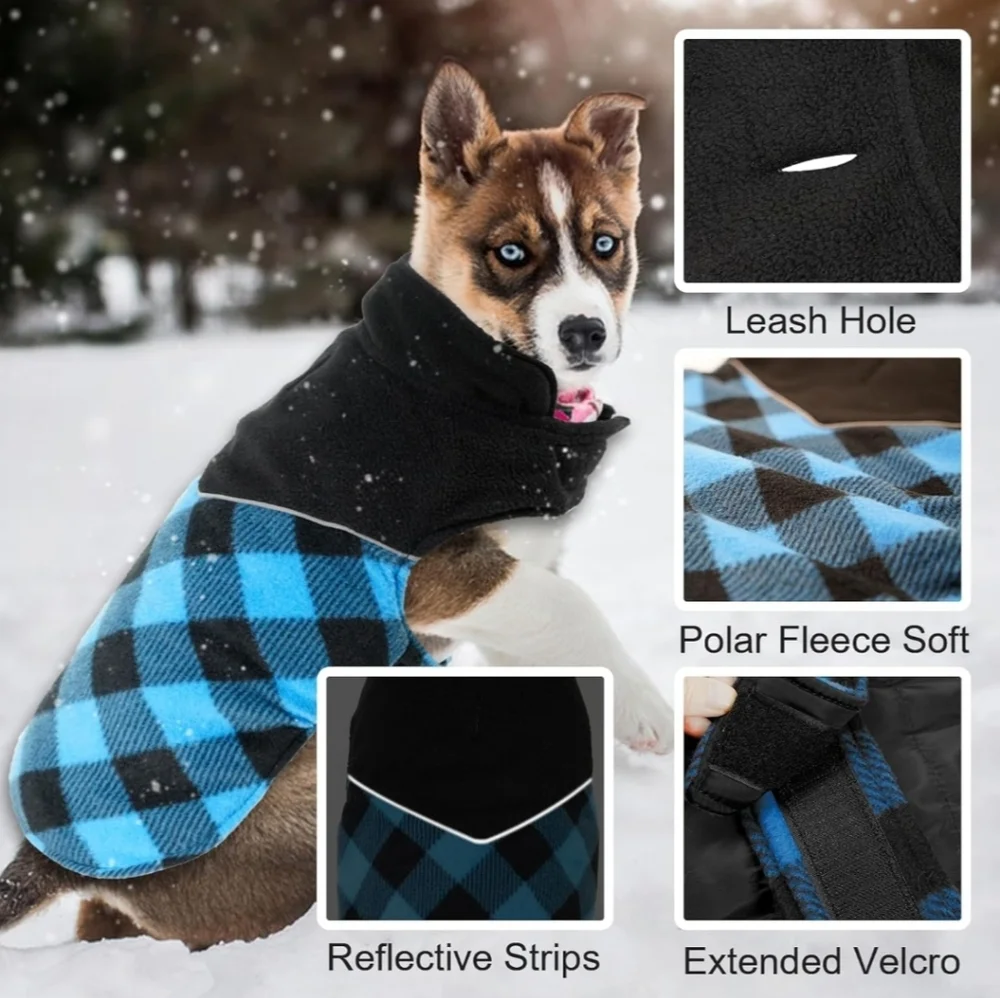 Fragralley Dog Blue Plaid Reversible Fall Winter Coat Harness Hole Size 2XL
